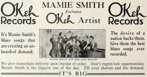 Old fashioned news ad. "Okeh Records Mamie Smith Exclusive OKeh Artist"