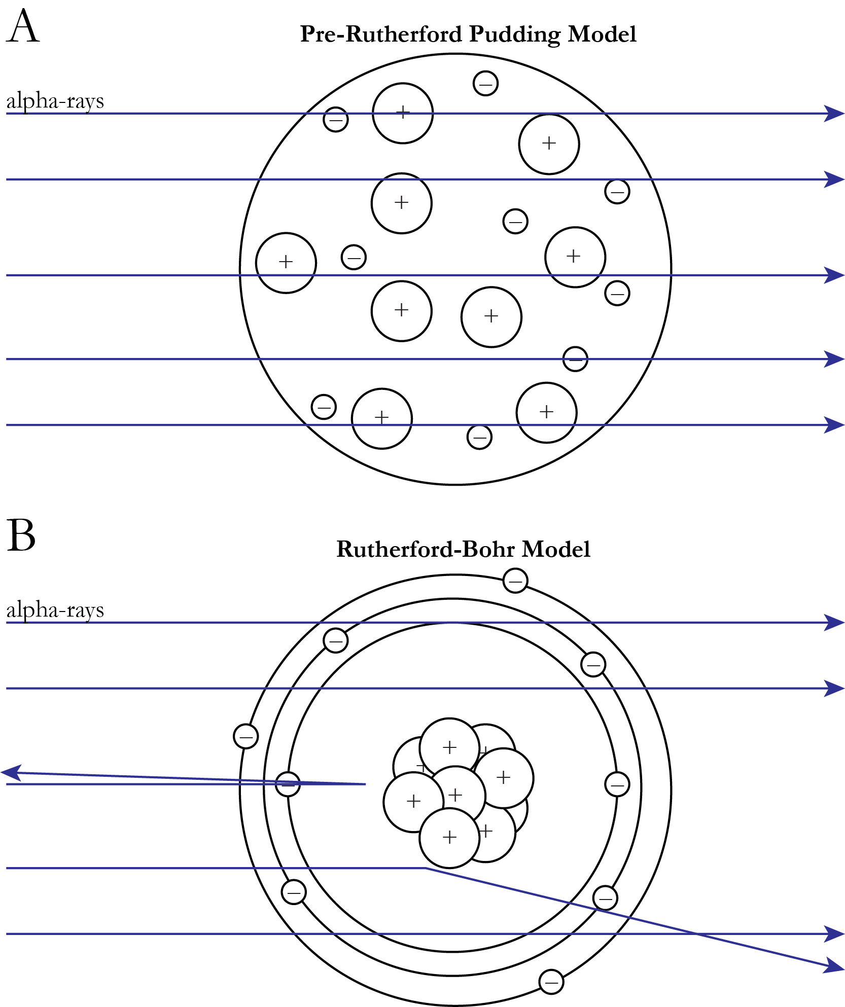 Two opposing models of the structure of the atom. Rutherford showed that the correct model was a central positively charged nucleus with orbiting negatively charged electrons. Since electrons are on the outside, they can leave the nucleus, or be attracted or removed, leading to the formation of ions.