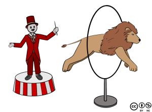 A circus ringmaster directs a lion to jump through a hoop.