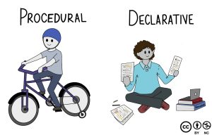 Comic: procedural: riding a bike. Declarative: studying with notes and a laptop.