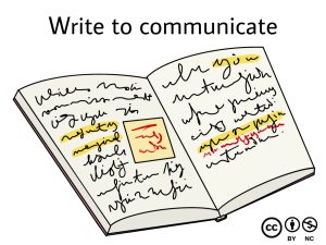 A comic-style notebook with a title that reads 'Write to Communicate,' emphasizing the importance of writing as a tool for clear and effective communication.