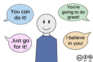 Comic-style illustration of a person with speech bubbles saying 'You are going to be great,' 'I believe in you,' 'Just go for it,' and 'You can do it,' emphasizing the importance of jumping into it and taking a leap