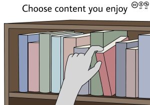 a comic-style illustration of a book shelf with a person's hand selecting one of them illustrating the idea of "choose content you enjoy".