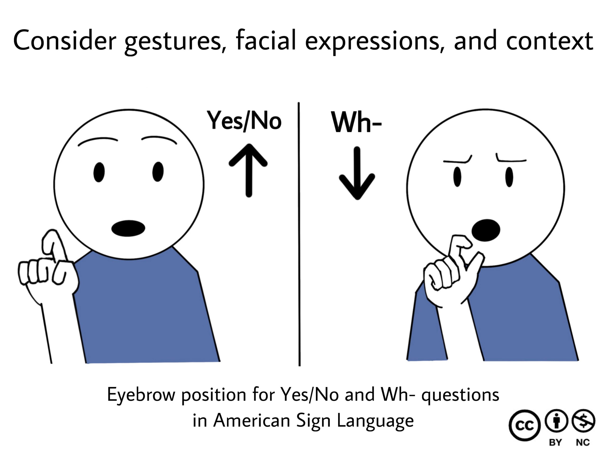 A comic-style character with eyebrow positions for Yes/No and Wh- questions in ASL, Yes/No is eyebrows up and Wh- is eyebrows down. The title reads, "Consider gestures, facial expressions, and context".