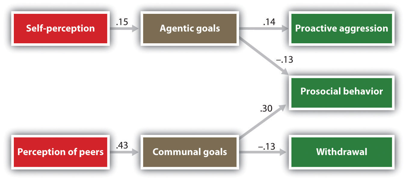 Flow chart: Self perception (.15) to agentic golas, fork: .14 = proactive aggression. -.13 prosocial behavior. Or, perception of peers (.43) to communal goals, fork: .30 to prosocial behavior or -.13 to withdrawl