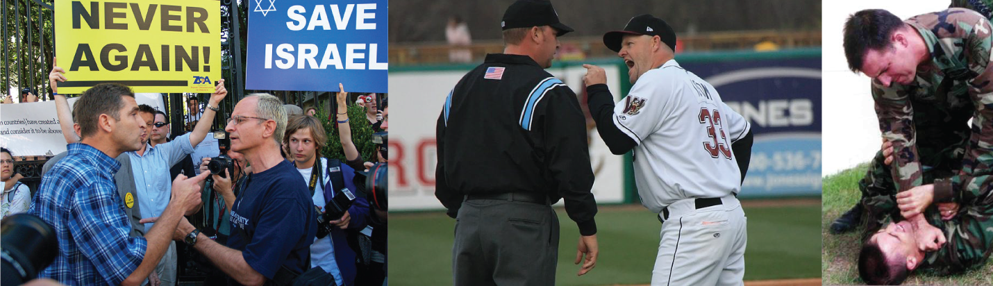 3 photos: never again vs save Israel protesters arguing, a baseball player yelling at a coach, a soldier attacking another soldier.