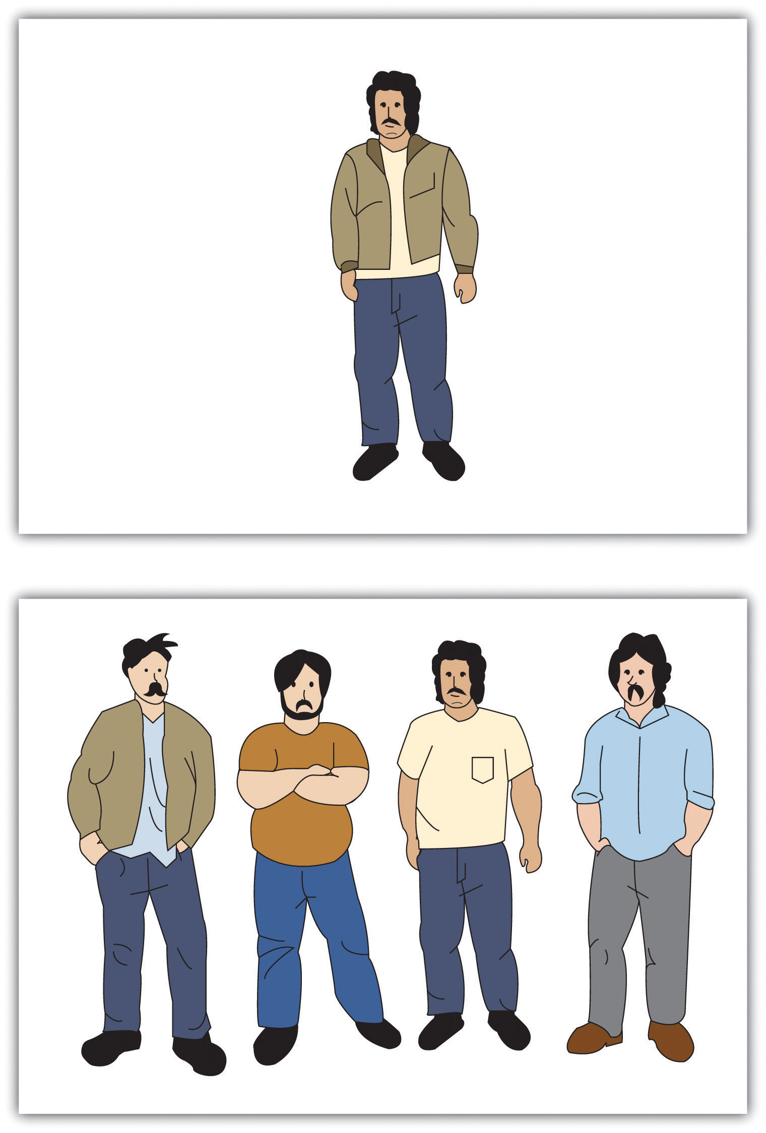 drawings. top: 1 man with curly hair a mustache, tan skin, and a jacket. bottom: 4 similar men, including the man from the top without his jacket.