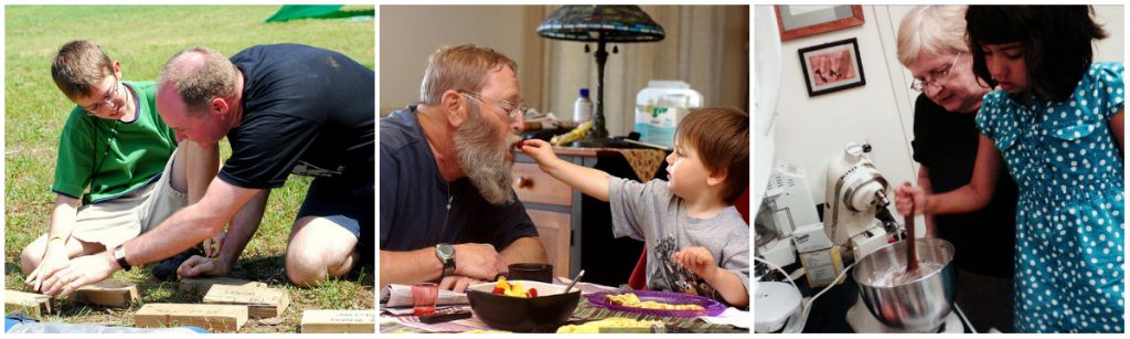 Three photos of children with their parents or grandparents.