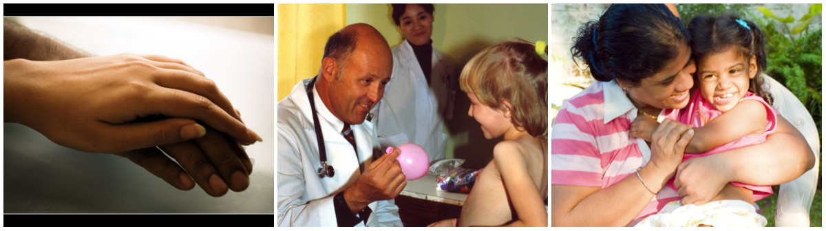 3 photos: holding hands, a doctor gives a child a balloon, a mother hugs her daughter.