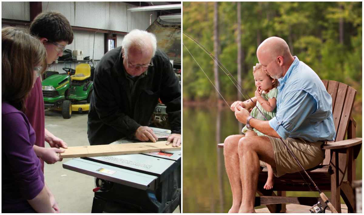 Left: an older man teaching teens woodworking. Right: a man showing a young child to fish.