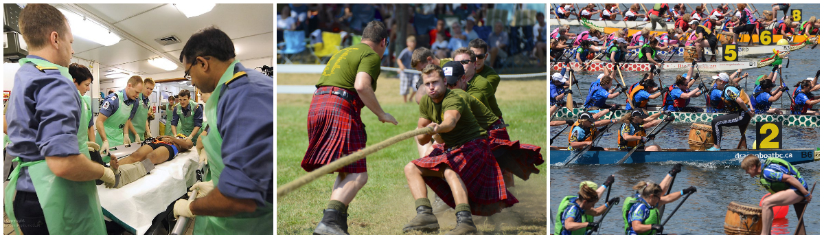 3 photos: medical personnel working on a patient, a team playing tug of war, a dragon boat canoe race.