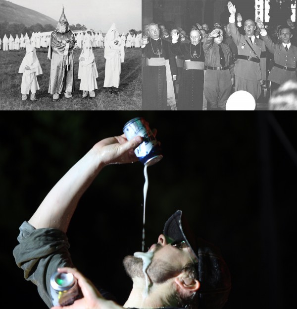 3 photos: KKK members in hoods, catholic priests in robes alongside soldiers saluting, and a man drinking.