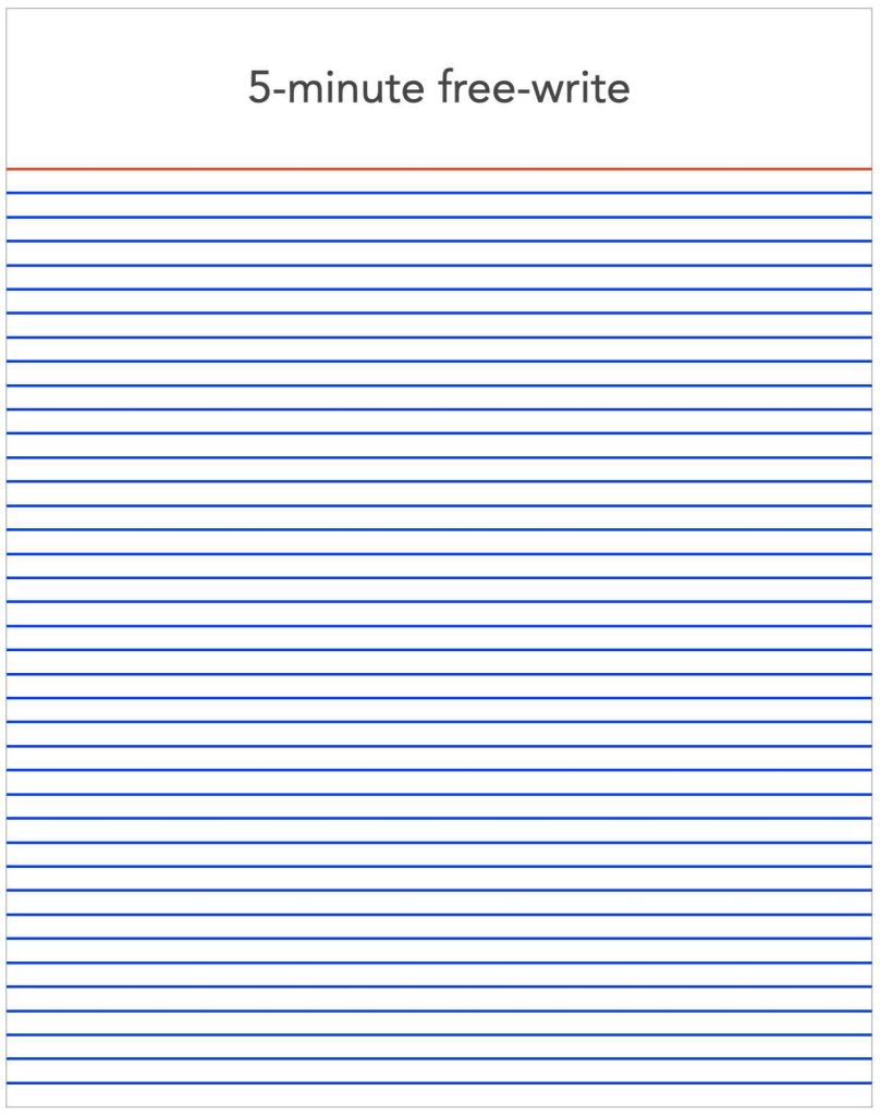 A piece of lined paper for freewriting "5 minute free write"