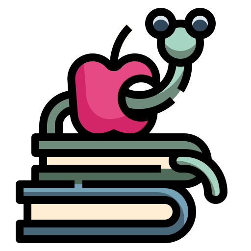 illustration of a worm and an apple on top of a stack of two books.