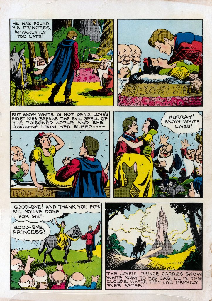 comic showing the prince kissing snow white