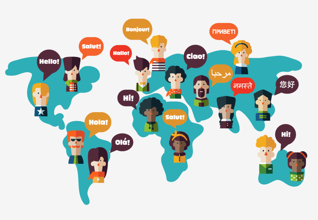 illustration displaying a world map with avatars saying hello in a number of different languages.
