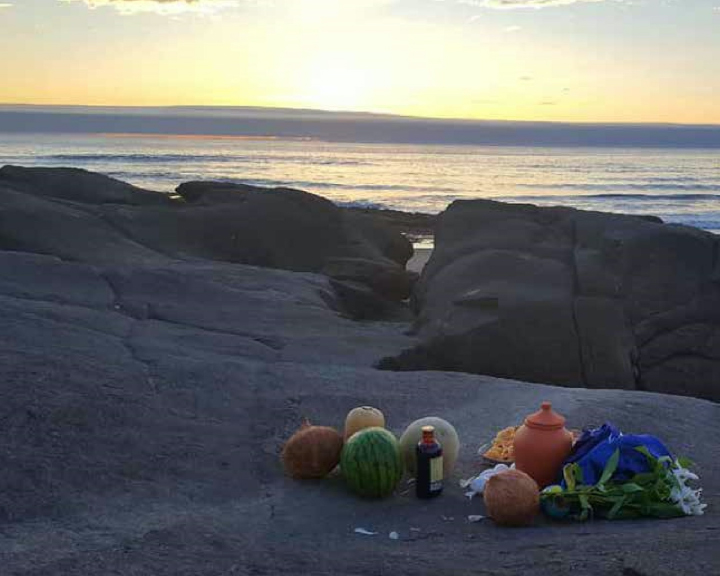 Image of ocean view with a variety of melons, squash, flower and clay pot.