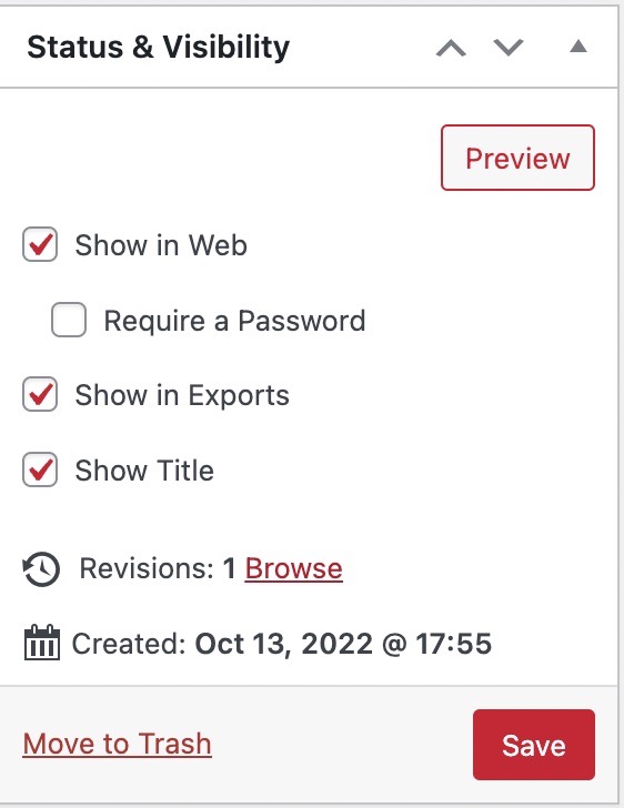 Pressbooks status and visibility menu, large red save button in bottom right corner.